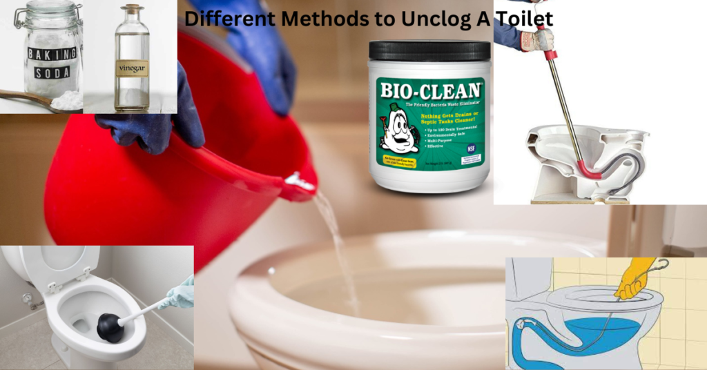 An infographic demonstrating how to unclog a toilet naturally using household items and An image of a plumber holding a bottle of chemicals to unclog toilet, ready to use.