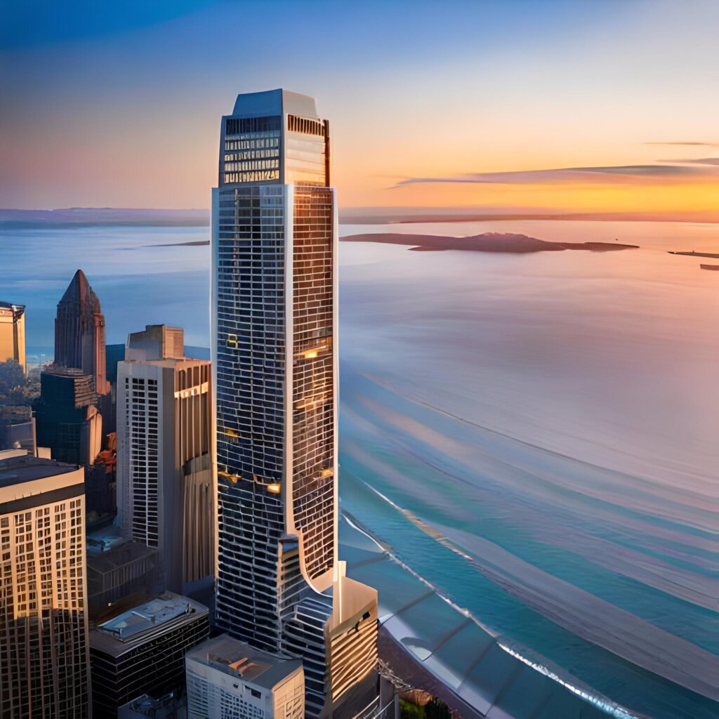 Salesforce tower features and sunset look