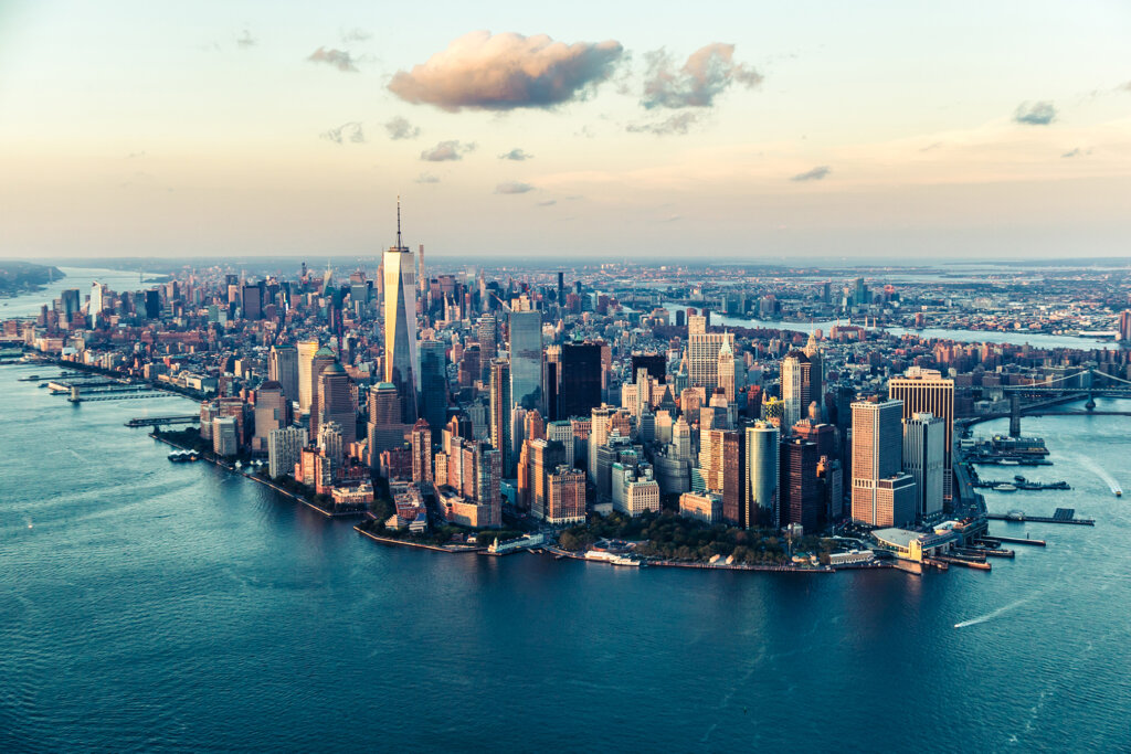 Skyline of New York City from drone at sunset 