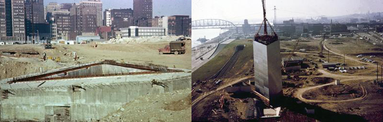 foundation of the Gateway Arch, revealing the extensive groundwork and robust support system upon which the iconic monument stands, symbolizing the pioneering spirit and westward expansion of the United States.