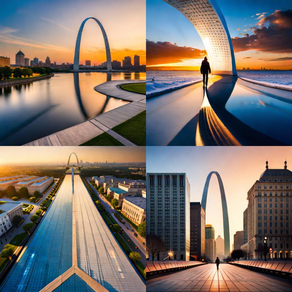 unique design and architectural brilliance of the Gateway Arch, featuring its sleek stainless-steel structure, curved form, and towering presence, symbolizing the westward expansion of the United States and standing as an iconic landmark in St. Louis, Missouri.