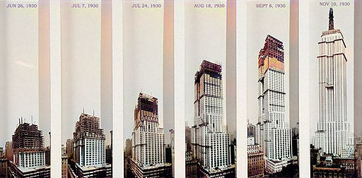 construction process of the Empire State Building, featuring various stages of construction and scaffolding, highlighting the immense effort and expertise involved in erecting this iconic architectural masterpiece.