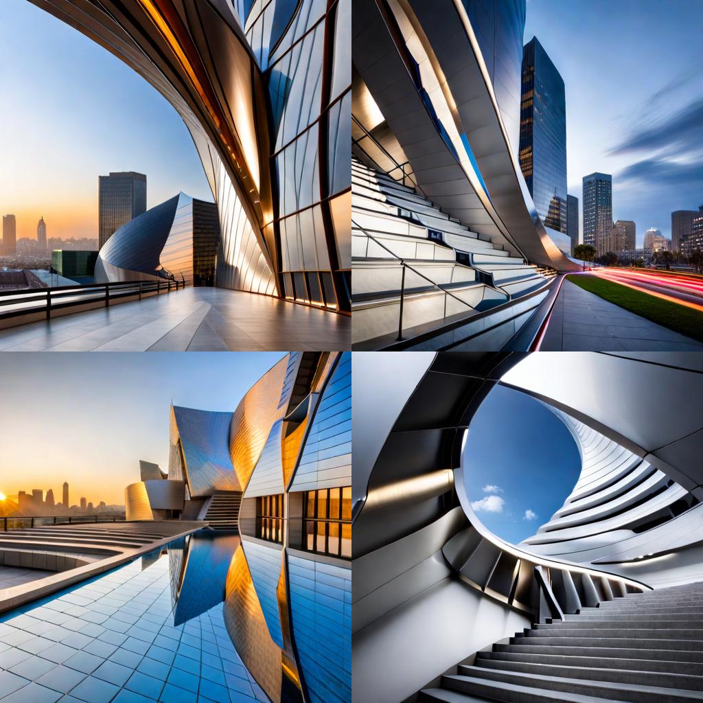 the striking design and architectural brilliance of the Walt Disney Concert Hall, featuring its iconic stainless-steel exterior, curvaceous forms, and intricate detailing, symbolizing the harmonious fusion of art, music, and architecture in Los Angeles