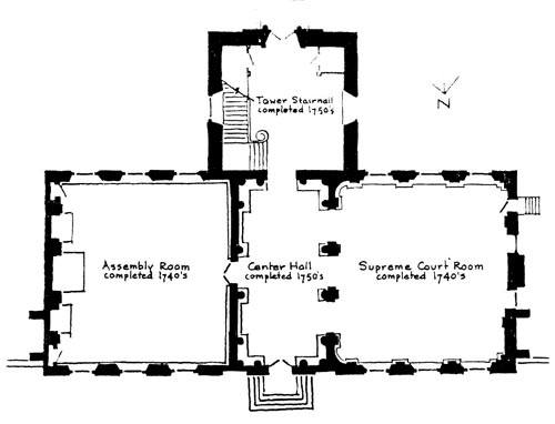 Floor plan diagram of Independence Hall in Philadelphia, displaying the layout and arrangement of rooms, including the iconic Assembly Room where the Declaration of Independence and U.S. Constitution were debated and adopted, offering a glimpse into the historical significance of this hallowed building.