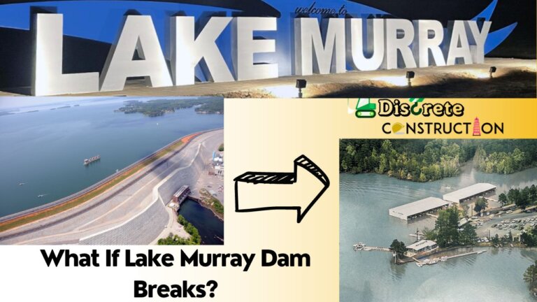 A comparative image showing Lake Murray Dam before and after a hypothetical dam break. The "before" section displays the dam's structural integrity, while the "after" section illustrates extensive damage, flooding, and potential environmental impacts.